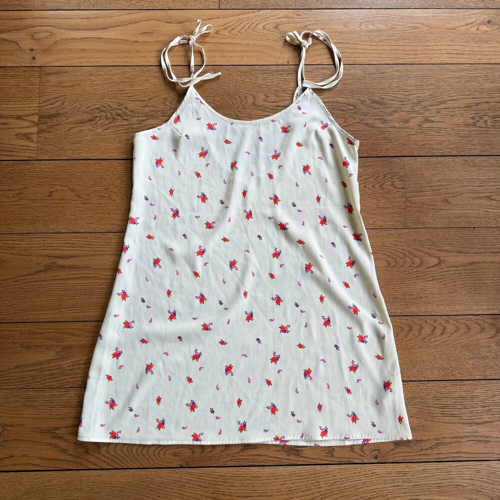 Butter Yellow Satin Ditsy Floral Slip Dress Mini Tie Med Y2K Summer Vacation